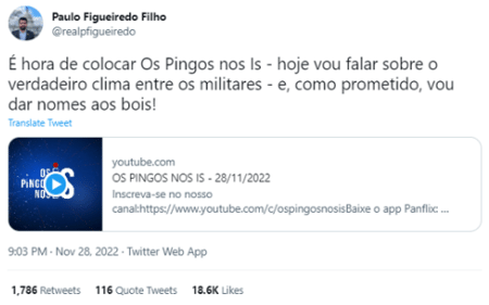 Paulo Figueiredo era responsável pelo vazamento da "Carta ao comandante do Exército" numa tentativa de criar falso alinhamento das Forças Armadas ao golpe de estado