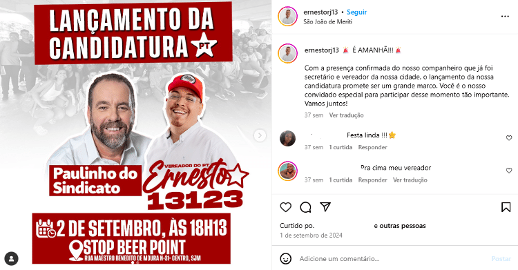 Apoio de Paulinho do Sindicato a Ernesto do PT na última eleição Apoio de Paulinho do Sindicato a Ernesto do PT na última eleição