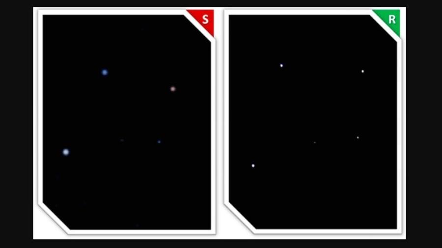 As cinco principais estrelas do Cruzeiro do Sul, como visto daqui da Terra: simulação (S) em computador e uma fotografia real (R). Partindo do pé da cruz (a estrela alfa, de maior magnitude), sentido horário, as magnitudes das estrelas vão diminuindo. A quinta estrela, fora da cruz, épsilon, é a mais "fraquinha" de todas - Física na Veia