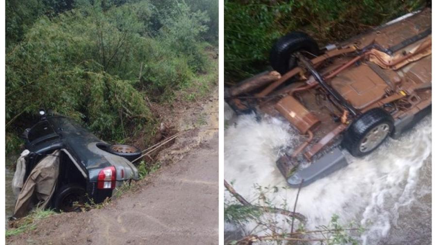 Dois homens morreram afogados no interior de um veículo que caiu no leito do Rio Rondinha, em Santa Catarina - Reprodução/Corpo de Bombeiros