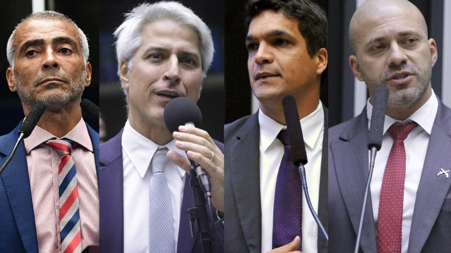 Disputa do Senado no RJ: Romário (PL), Alessandro Molon (PSB), Cabo Daciolo (PDT) e Daniel Silveira (PTB) - Montagem UOL/Câmara dos Deputados