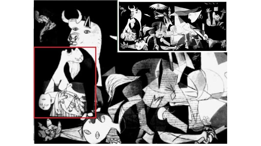 Fragmento ampliado de "Guernica", de Picasso, em que a mãe segura o filho morto nos braços; no destaque, a obra 