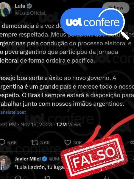 23.nov.2023 - Milei já fez ataques a Lula em outras ocasiões, mas comentário no tweet do presidente brasileiro não foi feito - Arte/UOL sobre Reprodução/Facebook