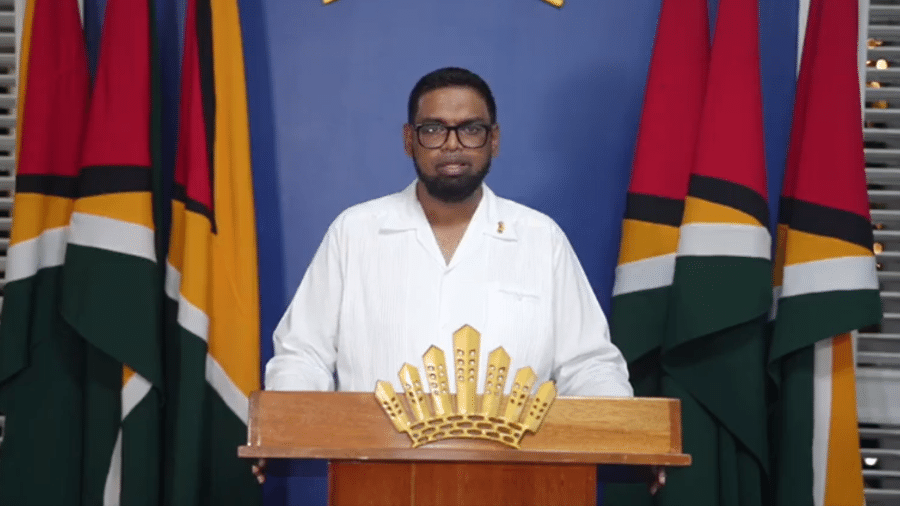 Irfaan Ali, presidente da Guiana, em pronunciamento em rede nacional