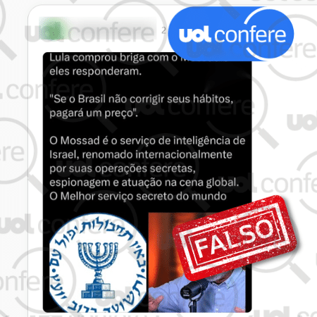 08.jan.2025 - É falso que o presidente Lula tenha sido ameaçado pelo Mossad, serviço secreto de Israel - Arte/UOL sobre Reprodução Threads