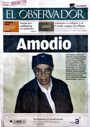 A primeira página do diário uruguaio "El Observatório" estampa uma foto do ex-guerrilheiro Hector Amodio Perez, 72, que reapareceu após quatro décadas sem dar sinal de vida - AFP
