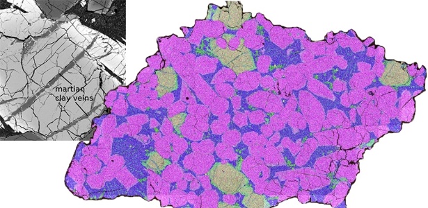 Meteorito de 700 milhões de anos guarda concentração de boro (veias, no detalhe), elemento-chave para a formação do RNA - UHNAI