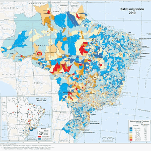 Mapa mostra áreas de maior e menor movimento migratório, em 2010 - Divulgação/IBGE