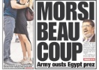 O tabloide americano "New York Post" fez uma capa espirituosa sobre o golpe no Egito. O título "Morsi Beau Coup" (algo como Mursi belo golpe, em francês) é um trocadilho com a expressão "merci beaucoup" (muito obrigado, em francês) - Reprodução