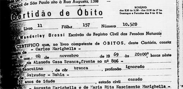 A certidão de óbito do guerrilheiro Carlos Marighella é um dos documentos digitalizados para o site - Reprodução