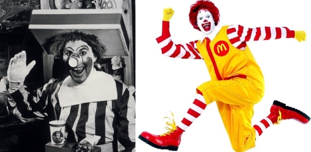 Ronald McDonald, mascote da rede de lanchonetes McDonald"s, em 1963 e em 2013 - Reprodução