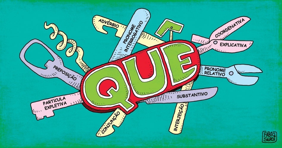 Charge feita para UOL Educação sobre erros mais comuns do português: usos do que (Fábio Sgroi/Página 3) - Fábio Sgroi/Página 3