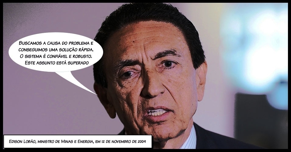 "Buscamos a causa do problema e conseguimos uma solução rápida. O sistema é confiável e robusto. Este assunto está superado", afirmou o ministro de Minas e Energia, Edison Lobão, para justificar o apagão em novembro de 2009 - Arte/UOL