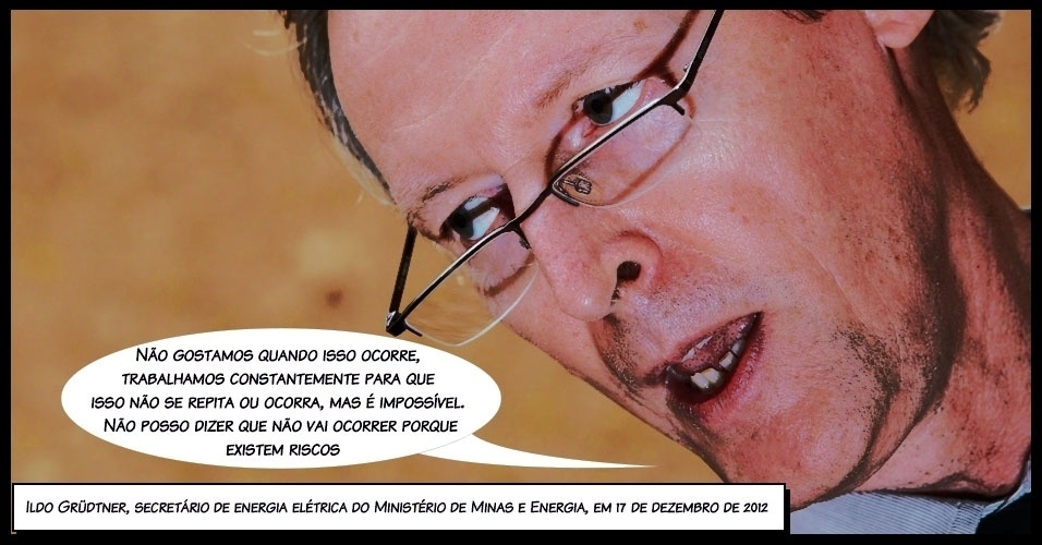 "Não gostamos quando isso ocorre, trabalhamos constantemente para que isso não se repita ou ocorra, mas é impossível. Não posso dizer que não vai ocorrer porque existem riscos", afirmou o secretário de Energia Elétrica do Ministério de Minas e Energia, Ildo Grüdtner, sobre o blecaute que deixou 12 Estados brasileiros às escuras em dezembro de 2012 - Arte/UOL