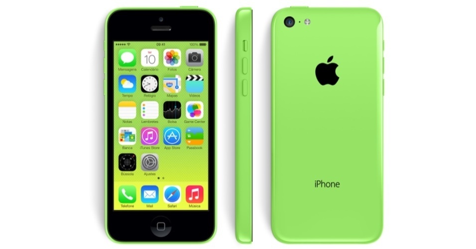 Acima, o iPhone 5C na cor verde. Além dele, há opções nas cores azul, amarela, branca e vermelha