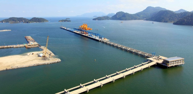 Pontes e píer do porto Sudeste, empreendimento que está em construção na Ilha da Madeira, Itaguaí (RJ) - Divulgação/MMX