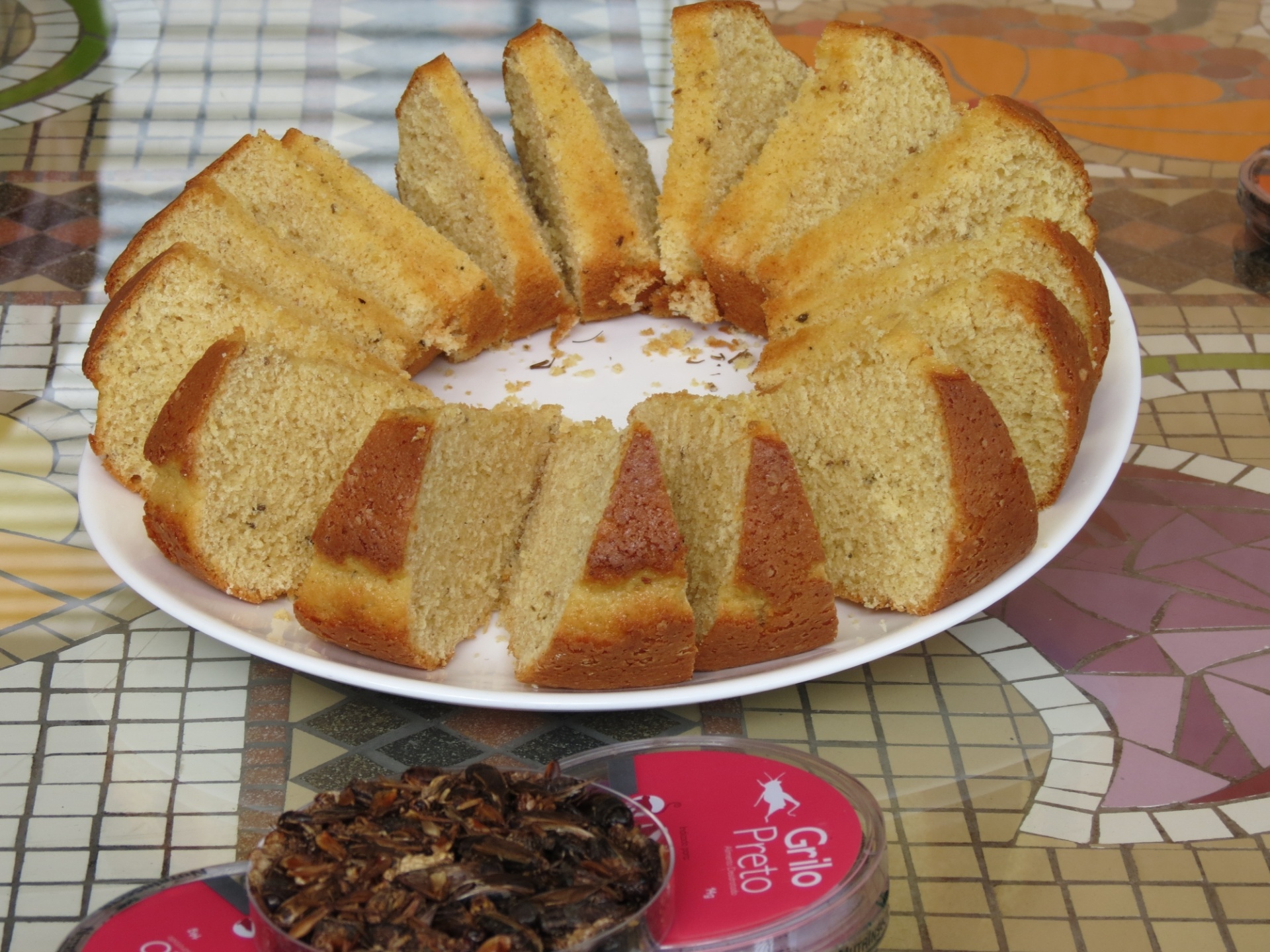 Grilos pretos moídos são adicionados à receita do bolo de fubá pela produtora Nutrinsecta; os insetos aumentam o teor de proteínas do alimento, que é oferecido no Parque Ecológico Vale Verde, em Betim (MG) como teste pela empresa, que hoje volta sua produção de insetos quase que inteiramente para aves, mas quer criar uma linha para humanos - Divulgação/Nutrinsecta