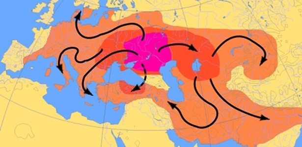 Mapa ilustra a hipótese Kurgan, a explicação mais aceita sobre como a cultura e a língua se espalharam pela Europa e pela Ásia - Wikimedia Commons
