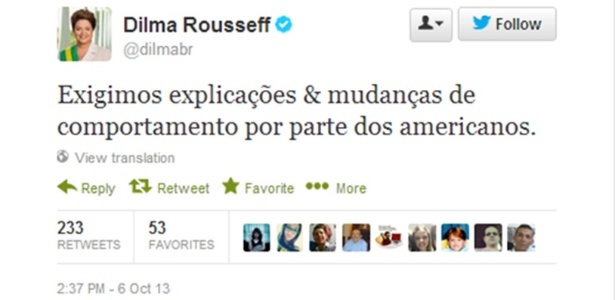 A presidente Dilma Rousseff usou sua conta no Twitter para criticar a espionagem internacional dos Estados Unidos - Twitter/@dilmabr/Reprodução