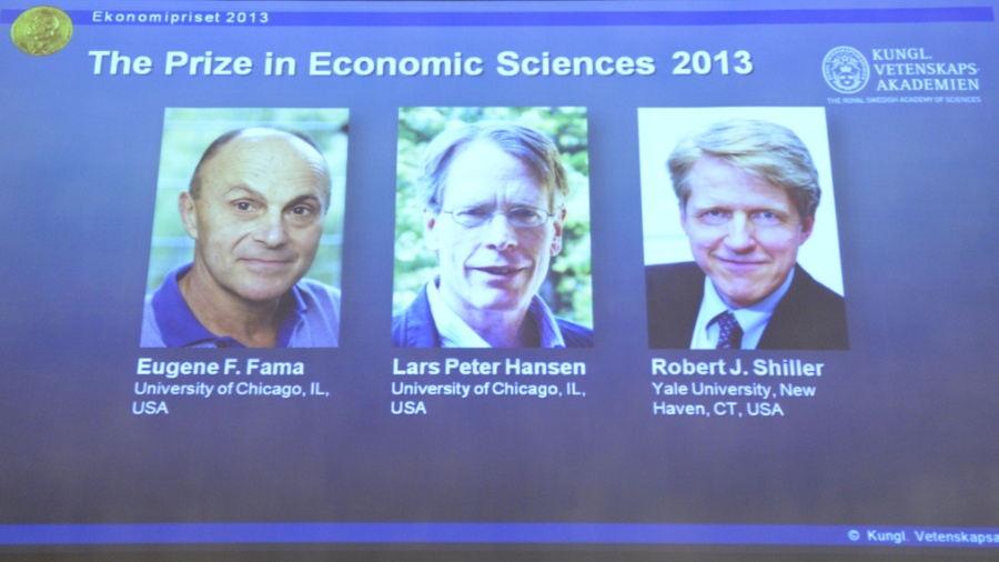 14.out.2013 - Os economistas Eugene F. Fama e Lars Peter Hansen e Robert Shiller ganharam o prêmio Nobel de Economia em 2013 - Jonathan Nackstrand/AFP