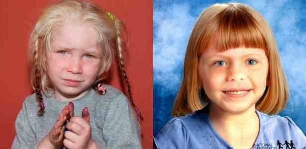 À esquerda, Maria, a garota encontrada em um acampamento de ciganos na Grécia; à direita, foto que mostra como Lisa Irwin, que foi raptada nos EUA em 2011, estaria hoje, aos três anos de idade - Reprodução