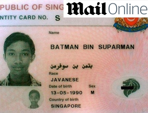 Documento de identidade de Batman Bin Suparman, cingapurano de 23 anos que foi preso e mobilizou fãs - Reprodução/Daily Mail
