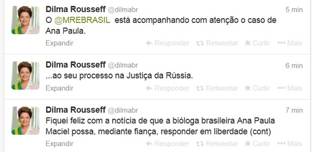 Dilma Rousseff tuíta sobre fiança para brasileira Ana Paula Maciel, ativista do Greenpeace presa na Rússia - Reprodução