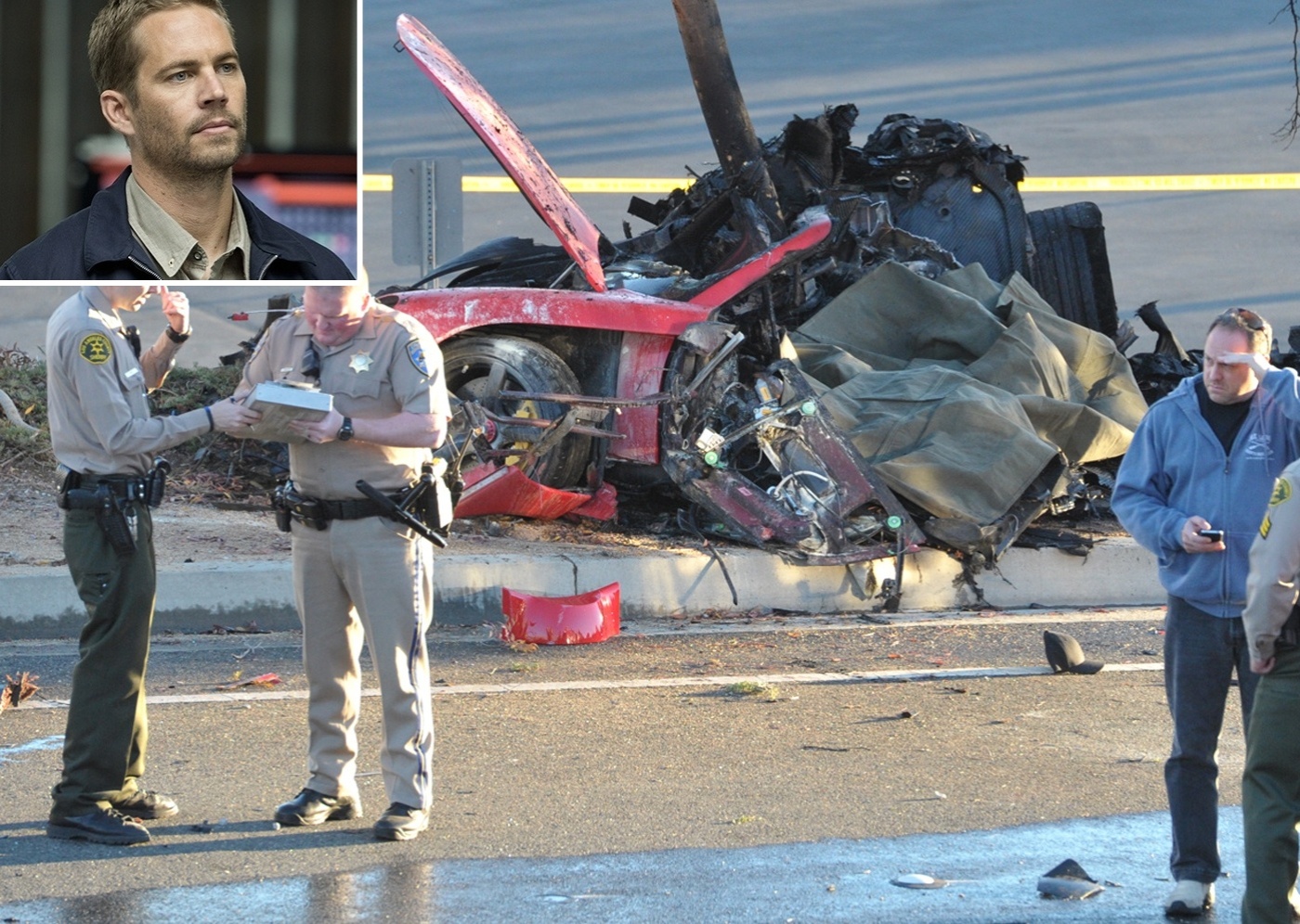 30.nov.2013 - Policiais trabalham perto dos destroços de Porsche que bateu neste sábado (30) em poste de luz ao norte de Los Angeles (Estados Unidos). O acidente matou Paul Walker (detalhe), 40, ator da franquia Velozes e Furiosos, e um amigo dele, confirmou um empresário de Walker - Fotomontagem/Divulgação/Universal e Dan Watson/"The Valley Signal Santa Clarita"/AP