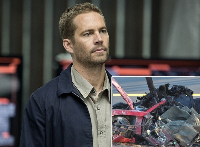 30.nov.2013 - Policiais trabalham perto dos destroços de Porsche que bateu neste sábado (30) em poste de luz ao norte de Los Angeles (Estados Unidos). O acidente matou Paul Walker (detalhe), 40, ator da franquia Velozes e Furiosos, e um amigo dele, confirmou um empresário de Walker - Fotomontagem/Divulgação/Universal e Dan Watson/"The Valley Signal Santa Clarita"/AP