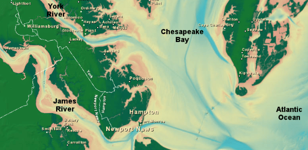 Mapa mostra localização da baia de Chesapeake, ao lado do Oceano Atlântico -  National Oceanic and Atmospheric Administration/Noaa