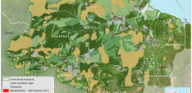 O desmatamento da Amazônia Legal acumulado no período de agosto a novembro de 2013 foi 368 quilômetros quadrados. Houve redução de 70% em relação ao período anterior (agosto de 2012 a novembro de 2012) quando o desmatamento somou 1.206 quilômetros quadrados, apontam estudos independentes da ONG Imazon - Divulgação/Imazon