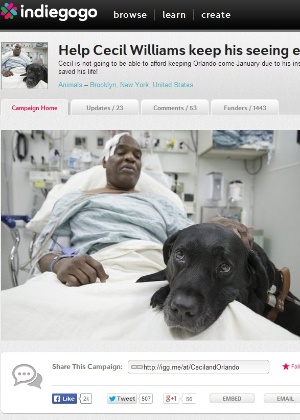 Página do Indiegogo mostra campanha para arrecadar dinheiro para Cecil Williams, 61, ficar com o cão guia Orlando - Reprodução/Indiegogo