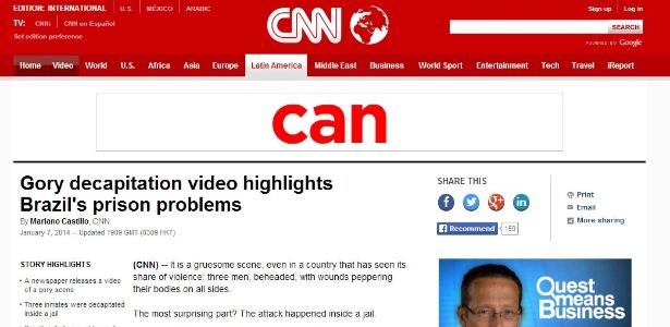 A rede de TV CNN noticiou a divulgação do vídeo que mostra presos decapitados no Maranhão - Reprodução