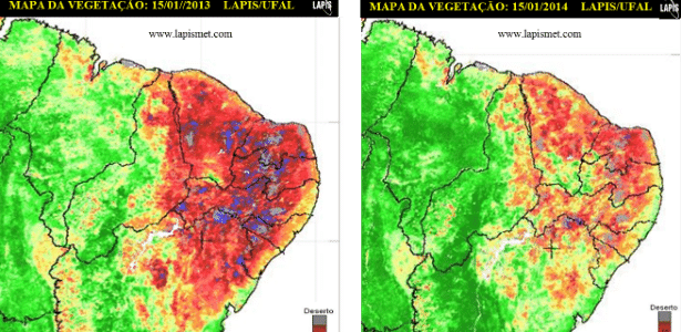 Mapa mostra seca no Nordeste do Brasil em janeiro 2014 e 2013 - Divulgação