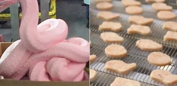 Vídeo do McDonald"s canadense (à dir.) tenta desmetir filme de origem desconhecida, que se espalhou pela internet, o qual dizia que os nuggets da marca eram feitos a partir de uma "gosma rosa" - Reprodução