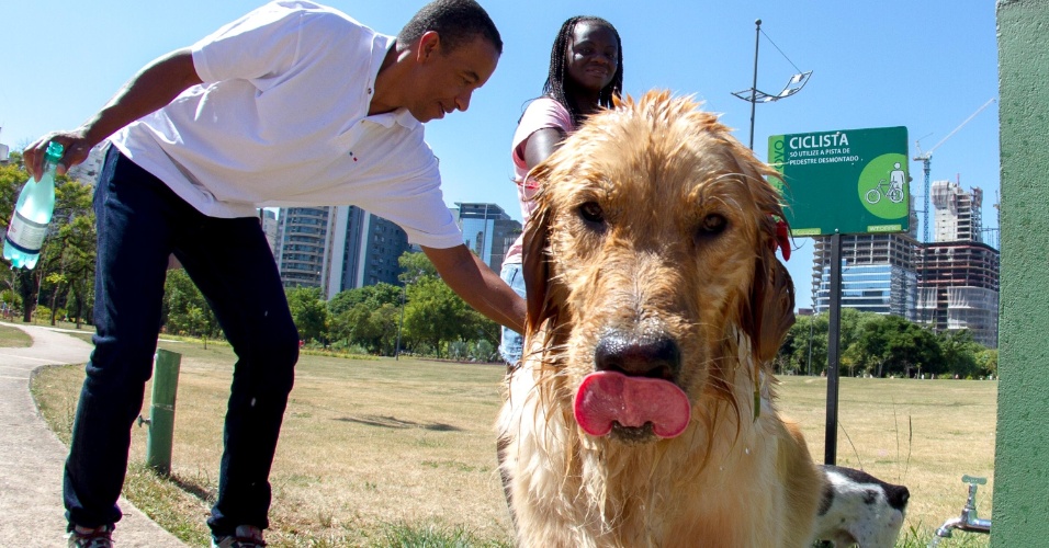 9.fev.2014 - Cachorro se refresca em torneira de água no parque Villa-Lobos, na região oeste de São Paulo (SP)