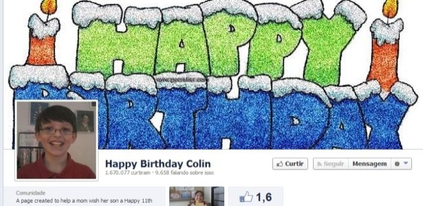 Página criada para celebrar aniversário de Colin atingiu 1,6 mi de curtidas em 11 dias - Reprodução/Facebook