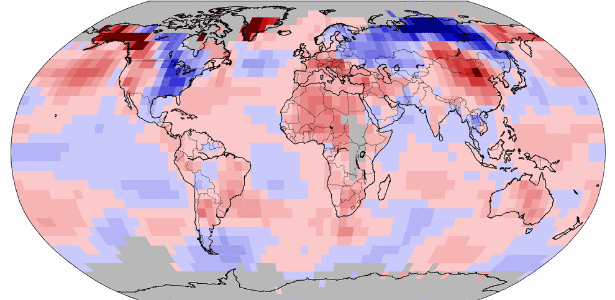 20.fev.2014- A temperatura média global tanto em solo quanto na superfície de oceanos em janeiro de 2014 foi a maior desde 2007 e a quarta mais quente já registrada, com 12,7ºC, segundo a Agência de Pesquisa Oceânica e Atmosférica dos Estados Unidos - Noaa