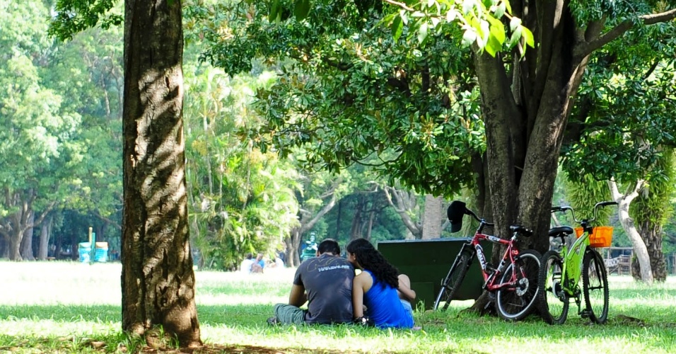 27.fev.2014 - Casal aproveita tarde de sol e calor no parque Ibirapuera, na zona sul da capital paulista, nesta quinta-feira (27)