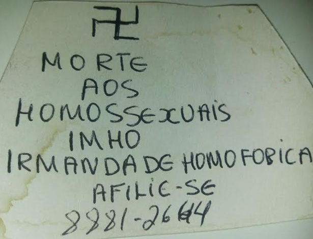 Bilhete com mensagem homofóbica e com símbolo do nazismo - Grupo Matizes/Divulgação 