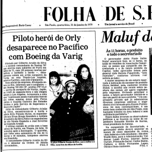 Capa da Folha de S.Paulo noticia o desaparecimento do avião da Varig em janeiro de 1979 - Reprodução/Folha
