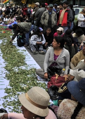 12.mar.2014 - Bolivianos plantadores de coca da região de Yungas, ao norte de La Paz, realizaram uma manifestação pela legalização das folhas de coca, em frente à embaixada dos EUA - Aizar Raldes/ AFP