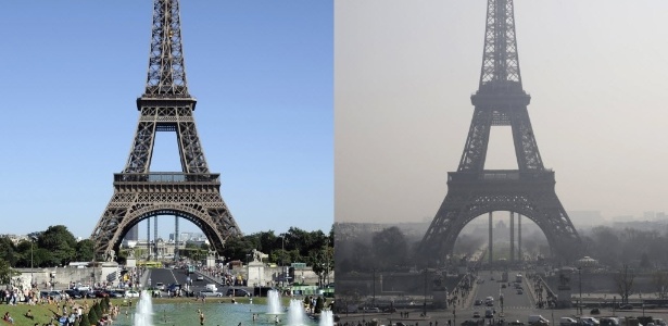 Comparação mostra a Torre Eiffel em um dia claro e encoberta pela nuvem de poluição - Bertrand Guay/AFP