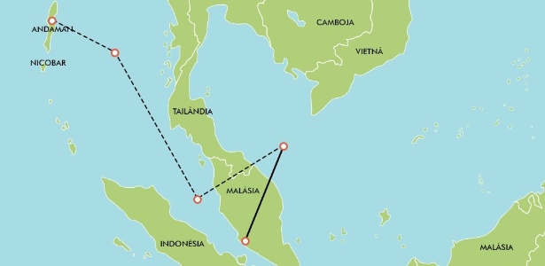 Mapa mostra o possível caminho feito pelo voo MH370, do avião da Malaysia Airlines, que está desaparecido - Arte UOL