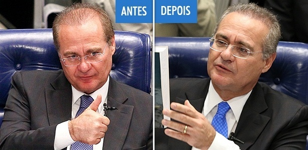 Fotos de dezembro de 2013 (esq.) e abril de 2014 (dir.) mostram a evolução do implante capilar do senador Renan Calheiros - Arte/UOL/Folhapress