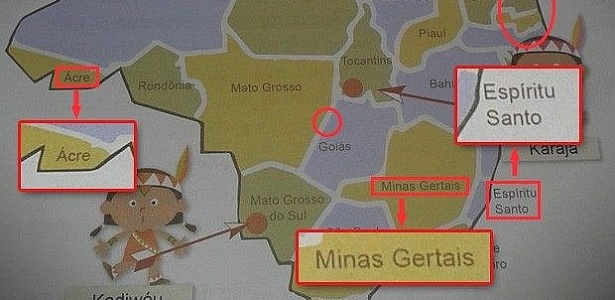 No livro de geografia distribuído para a rede municipal de Jundiaí Acre, Espírito Santo e Minas Gerais aparecem com o nome grafado errado - Reprodução/Facebook