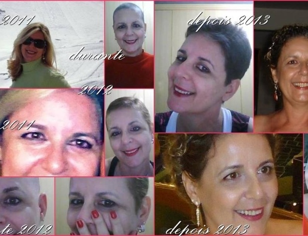 Maria Claudia Lage em mosaico com imagens de diferentes fases da luta contra o câncer
