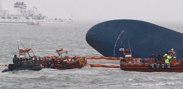 Agentes da Guarda Costeira recuperam corpo de uma das vítimas do naufrágio da balsa Sewol, no litoral da Coreia do Sul - Jeon Heon-Kyun/Efe