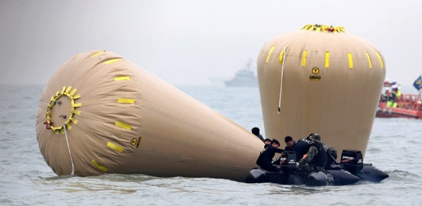 Equipes de resgate instalam boias marcando o local onde a balsa Sewol naufragou na costa da Coreia do Sul - Yonhap/Reuters