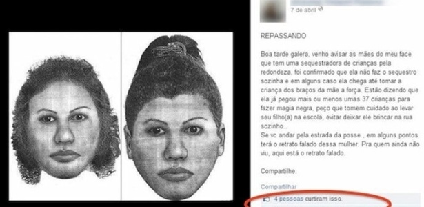 Retrato falado divulgado pela página do Facebook Guarujá Alerta. Supostamente uma mulher sequestraria crianças na região para fazer rituais de magia negra. A foto se espalhou pelas redes sociais e acabou no linchamento da dona de casa Fabiane Maria de Jesus